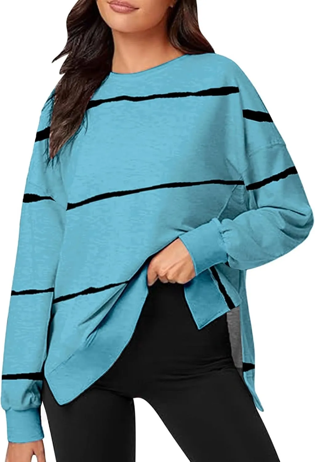 Oversized Striped Sweatshirts for Women Loose Side Slit High Low Hem Pullover Sweatshirts Autumn Casual Sports Hoodie