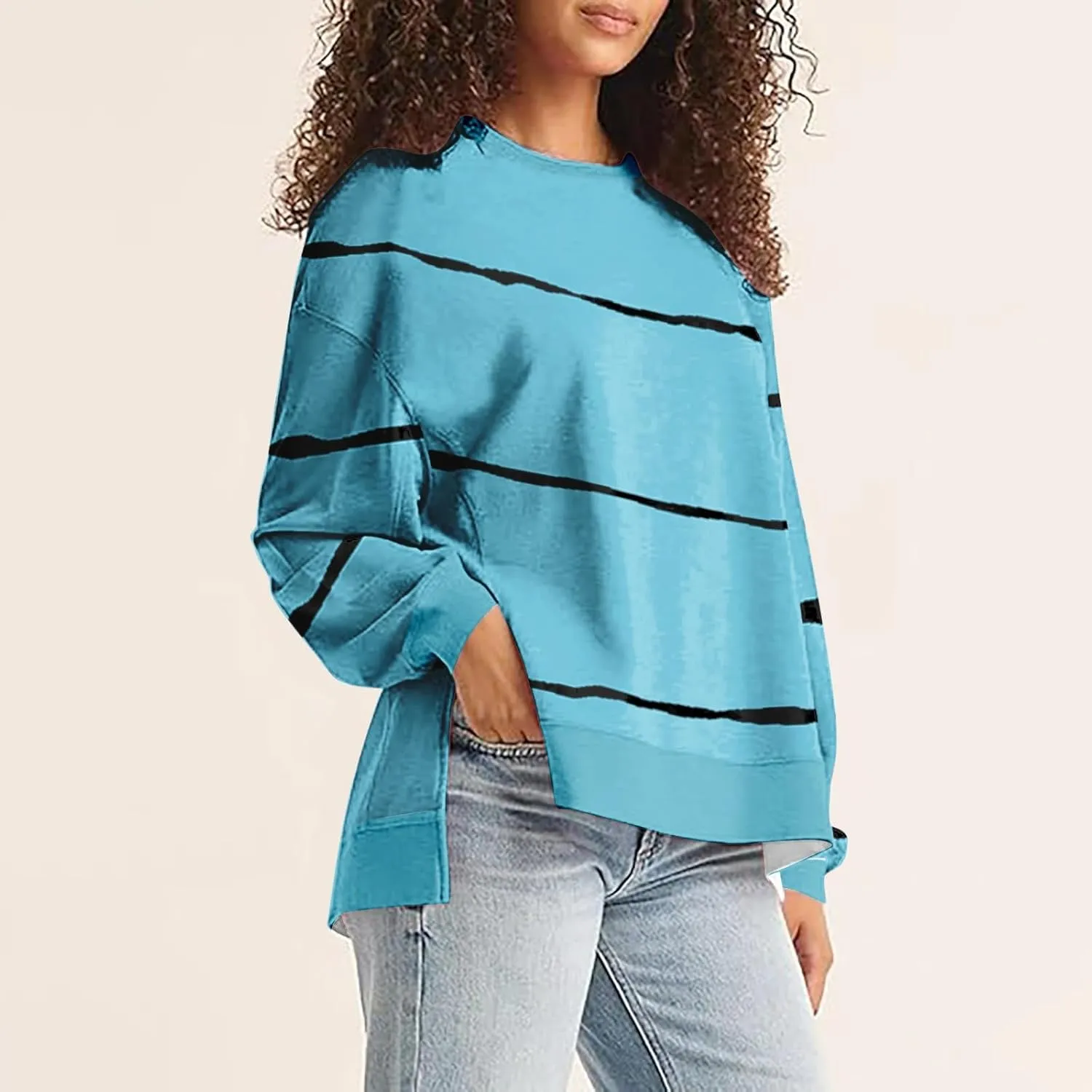 Oversized Striped Sweatshirts for Women Loose Side Slit High Low Hem Pullover Sweatshirts Autumn Casual Sports Hoodie