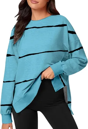 Oversized Striped Sweatshirts for Women Loose Side Slit High Low Hem Pullover Sweatshirts Autumn Casual Sports Hoodie