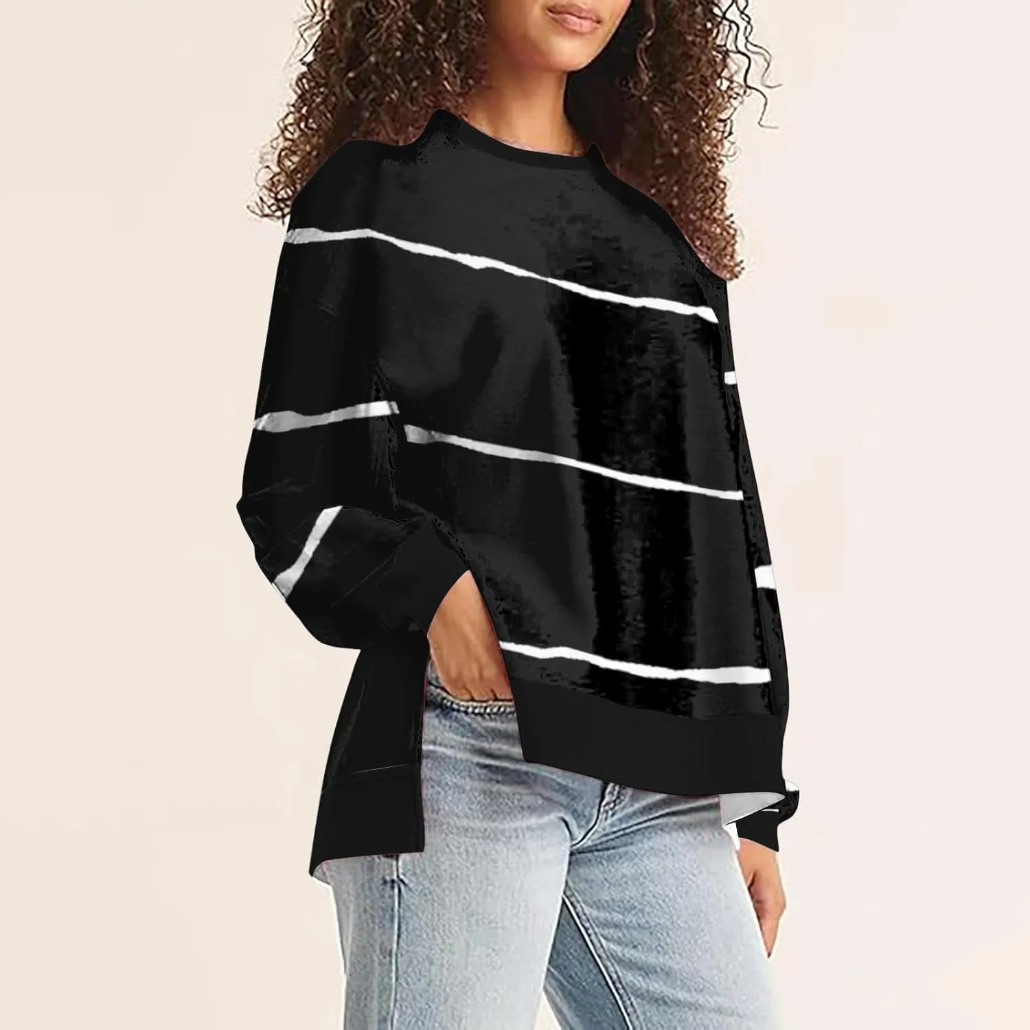 Oversized Striped Sweatshirts for Women Loose Side Slit High Low Hem Pullover Sweatshirts Autumn Casual Sports Hoodie