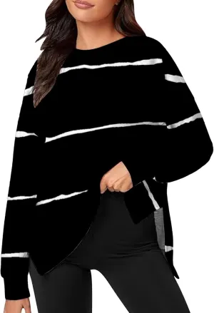 Oversized Striped Sweatshirts for Women Loose Side Slit High Low Hem Pullover Sweatshirts Autumn Casual Sports Hoodie