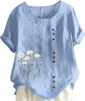 Oversized Tshirts for Women Casual Cotton Linen Short Sleeve Tee Blouse Round Neck Going Out Loose Workout Tops