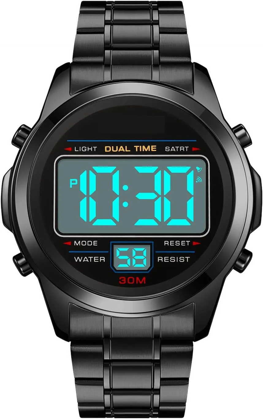 PASOY Men's Digital Gold Watch Unisex Backlit Multifunction Stopwatch Alarm Waterproof Sport Women Watches Braided Bracelet Stainless Steel Black dial Reloj