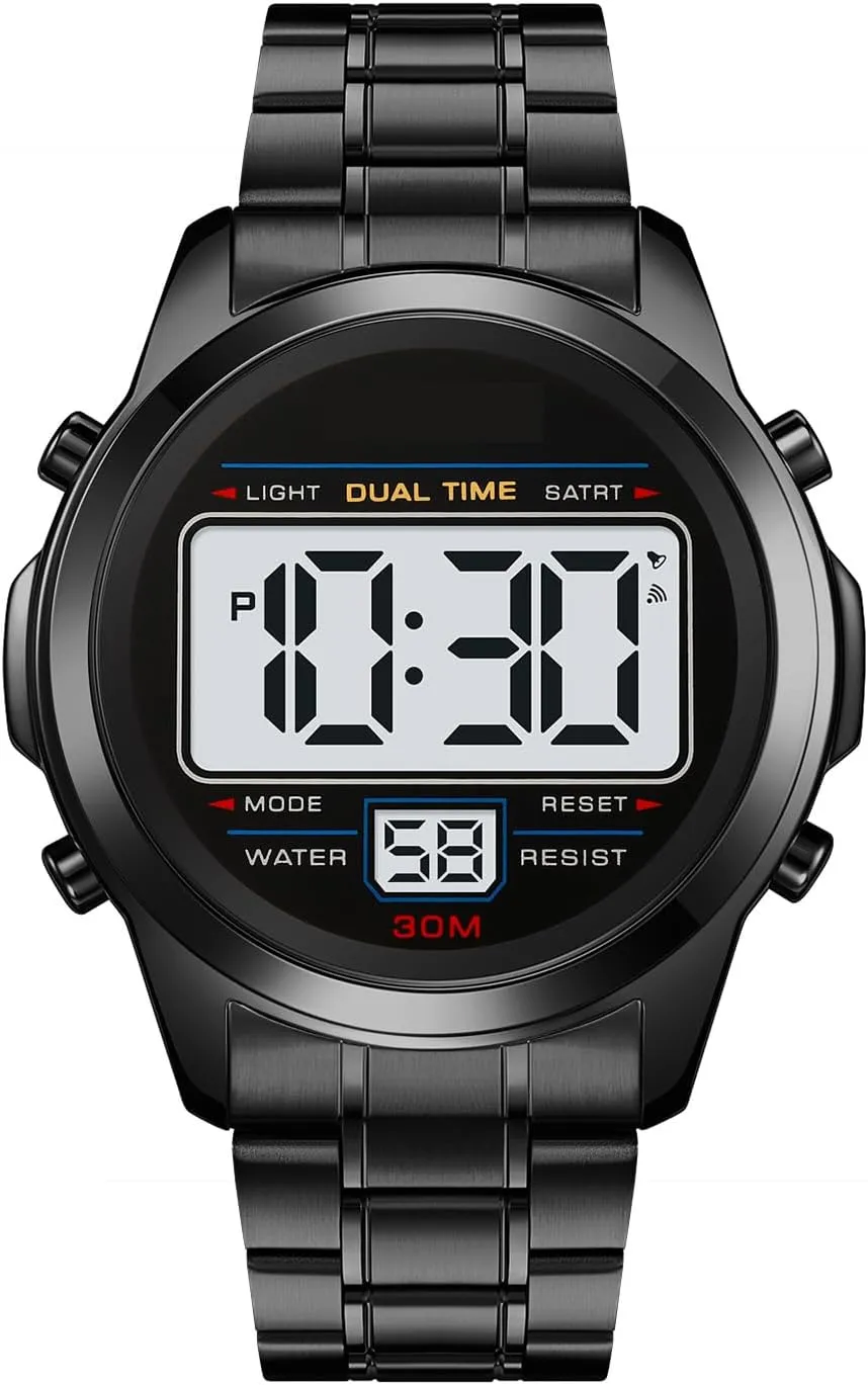 PASOY Men's Digital Gold Watch Unisex Backlit Multifunction Stopwatch Alarm Waterproof Sport Women Watches Braided Bracelet Stainless Steel Black dial Reloj