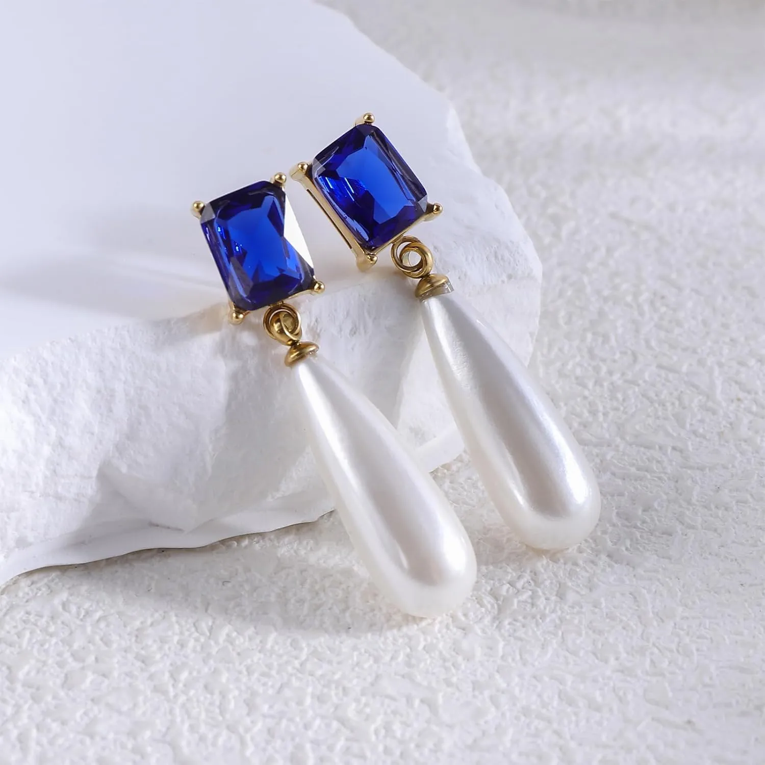 Pearl Emerald Cut Birthstone Earring 18k Gold Plated Cubic Zirconia Drop Earring Pearl Dangle Earrings Pearl Jewelry Birthday Gifts for Women