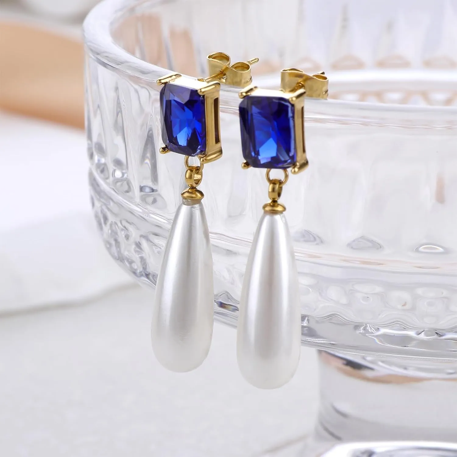 Pearl Emerald Cut Birthstone Earring 18k Gold Plated Cubic Zirconia Drop Earring Pearl Dangle Earrings Pearl Jewelry Birthday Gifts for Women