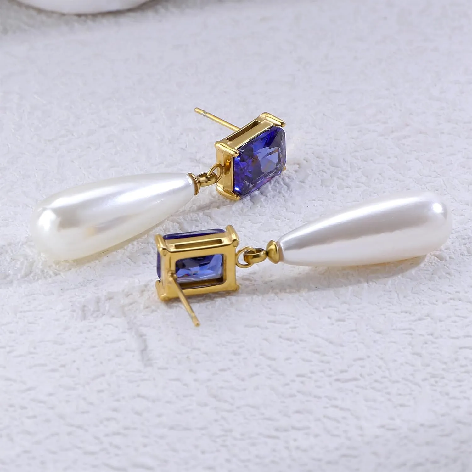 Pearl Emerald Cut Birthstone Earring 18k Gold Plated Cubic Zirconia Drop Earring Pearl Dangle Earrings Pearl Jewelry Birthday Gifts for Women