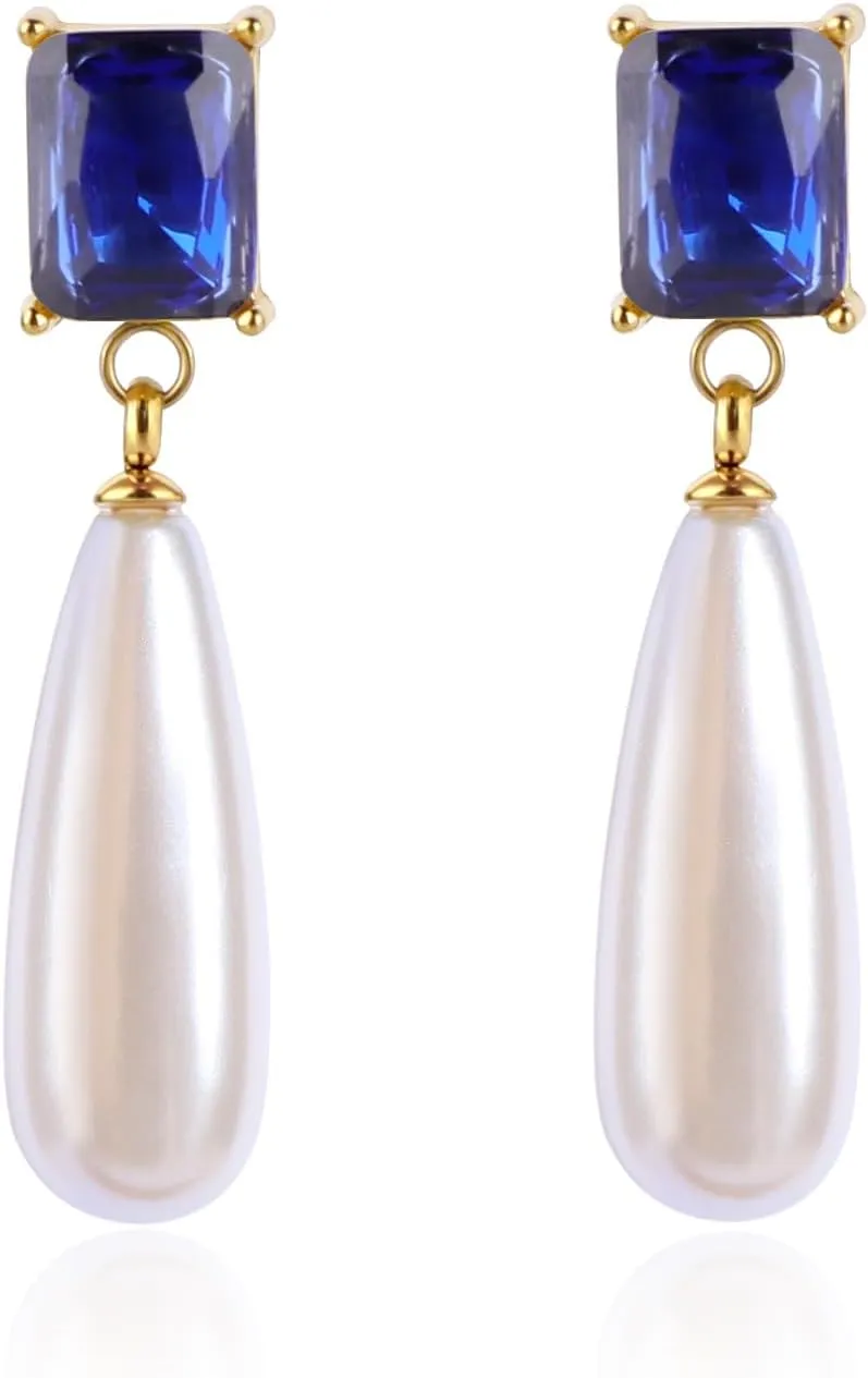 Pearl Emerald Cut Birthstone Earring 18k Gold Plated Cubic Zirconia Drop Earring Pearl Dangle Earrings Pearl Jewelry Birthday Gifts for Women