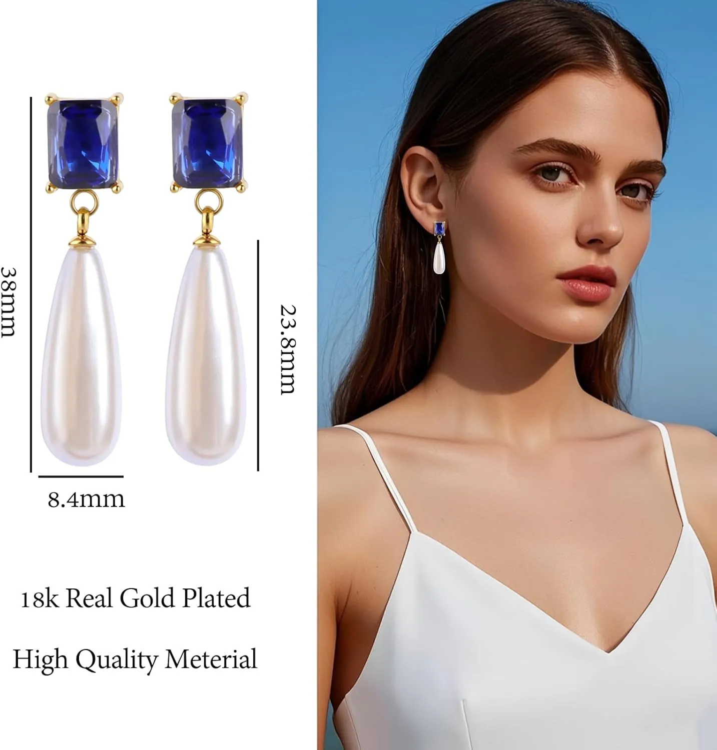 Pearl Emerald Cut Birthstone Earring 18k Gold Plated Cubic Zirconia Drop Earring Pearl Dangle Earrings Pearl Jewelry Birthday Gifts for Women