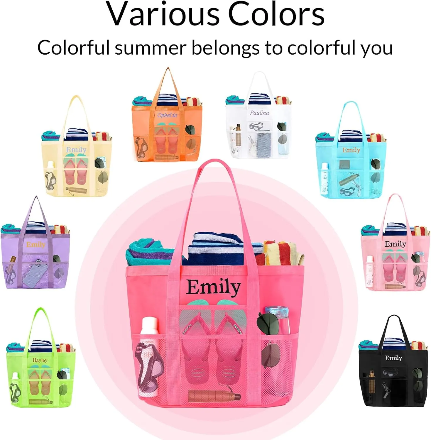 Personalized Beach Tote Bag - Custom Embroidered Large Mesh Beach Bag - Foldable Travel Pool Bag for Women