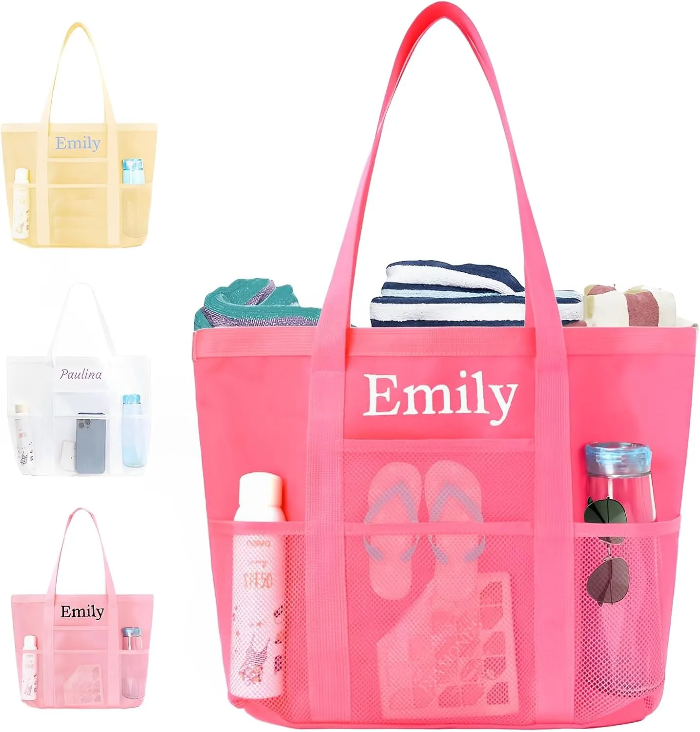 Personalized Beach Tote Bag - Custom Embroidered Large Mesh Beach Bag - Foldable Travel Pool Bag for Women