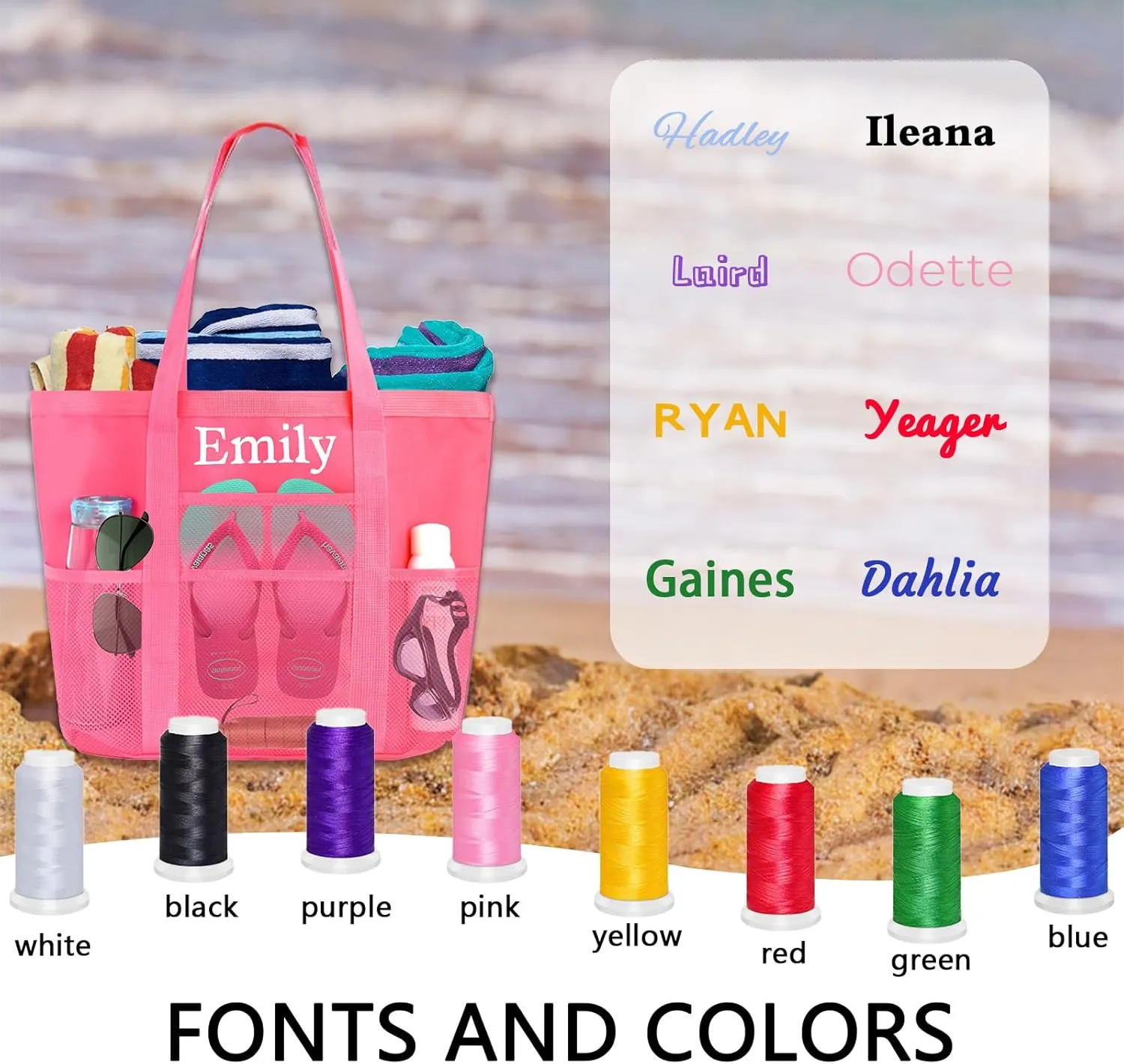 Personalized Beach Tote Bag - Custom Embroidered Large Mesh Beach Bag - Foldable Travel Pool Bag for Women