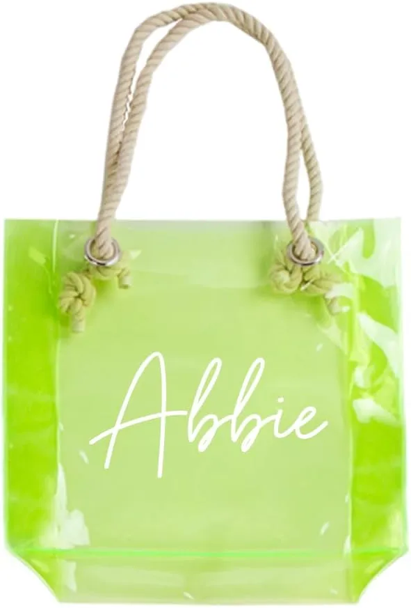 Personalized Neon Clear Tote Bag with Rope Handles Made in the USA for Wedding, Bachelorette Party & Travel