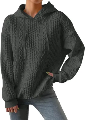 PETYCZEN Fall Sweatshirts for Women Casual Long Sleeve Lightweight Cable Knit Oversized Hoodie Drawstring Pullover Tops