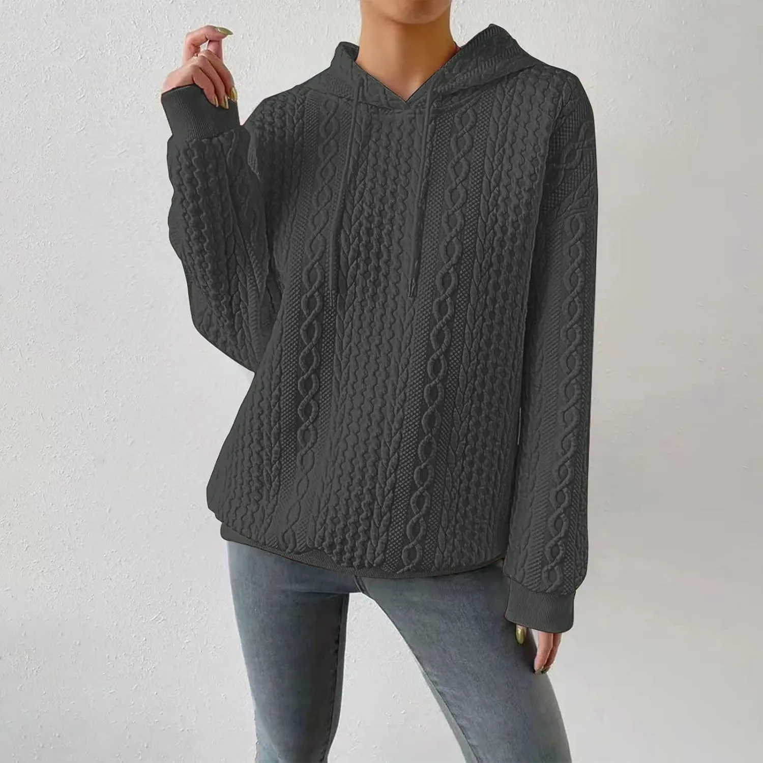 PETYCZEN Fall Sweatshirts for Women Casual Long Sleeve Lightweight Cable Knit Oversized Hoodie Drawstring Pullover Tops
