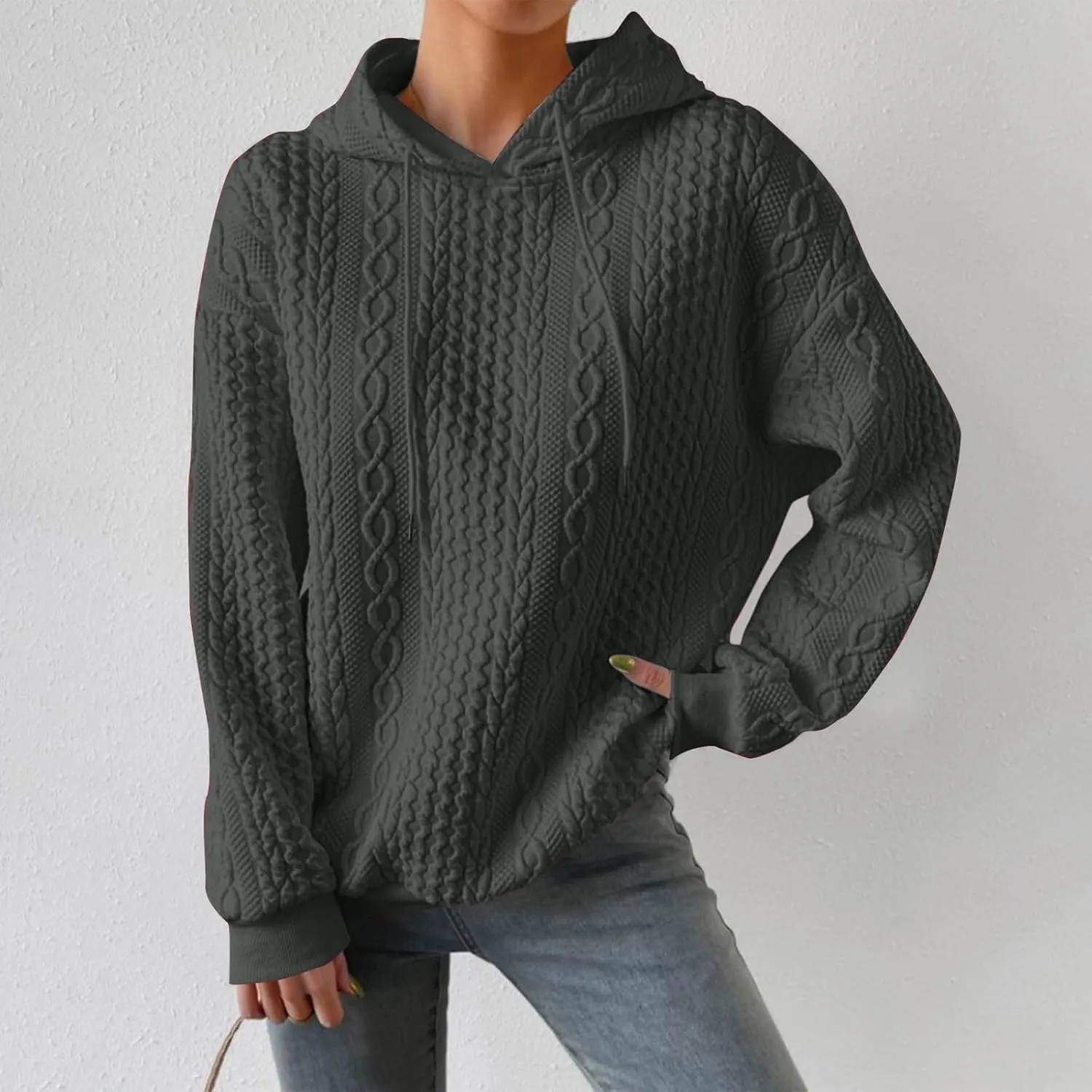 PETYCZEN Fall Sweatshirts for Women Casual Long Sleeve Lightweight Cable Knit Oversized Hoodie Drawstring Pullover Tops