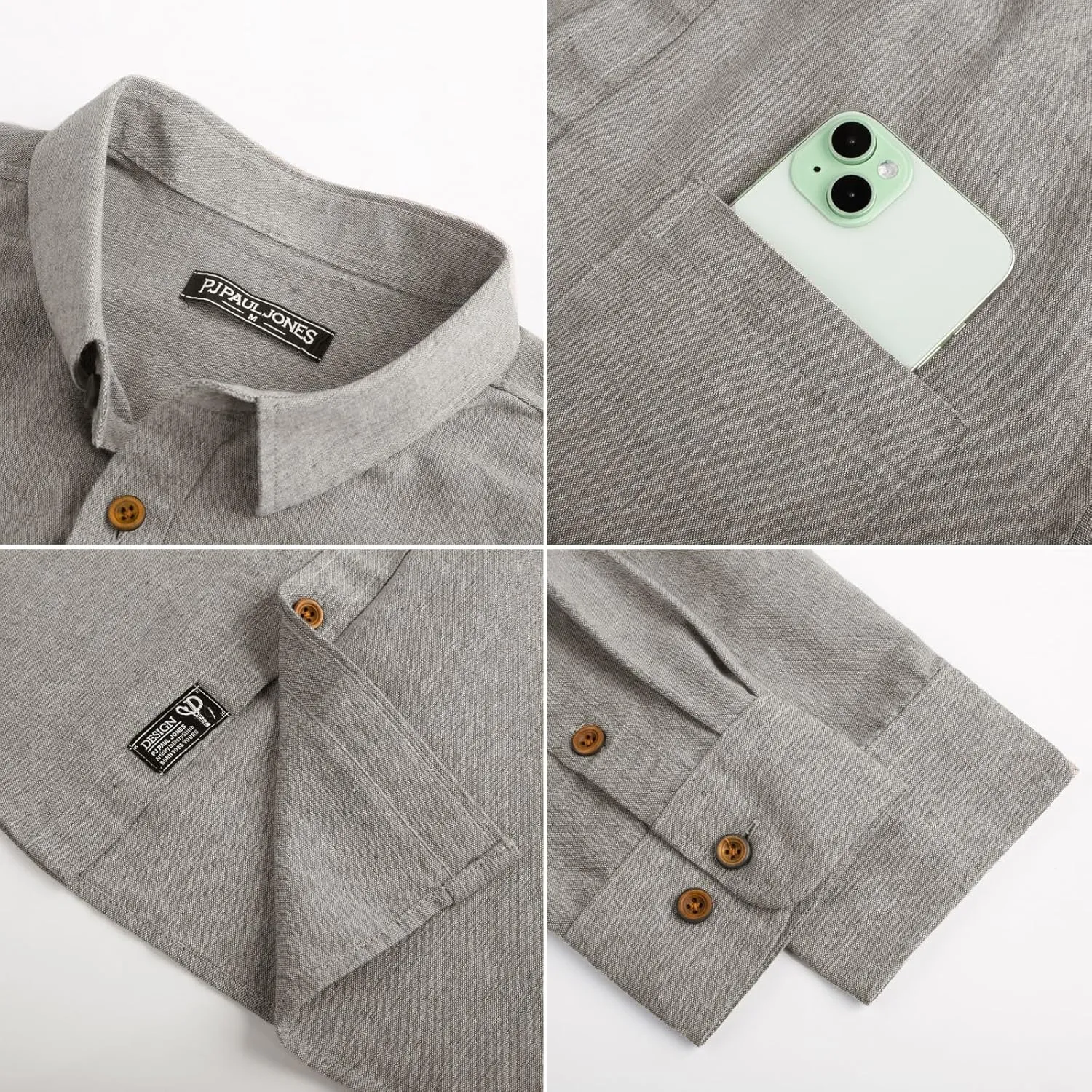 PJ PAUL JONES Men's Linen Shirts Casual Button Down Long Sleeve Shirt Lightweight Beach Shirt with Pocket