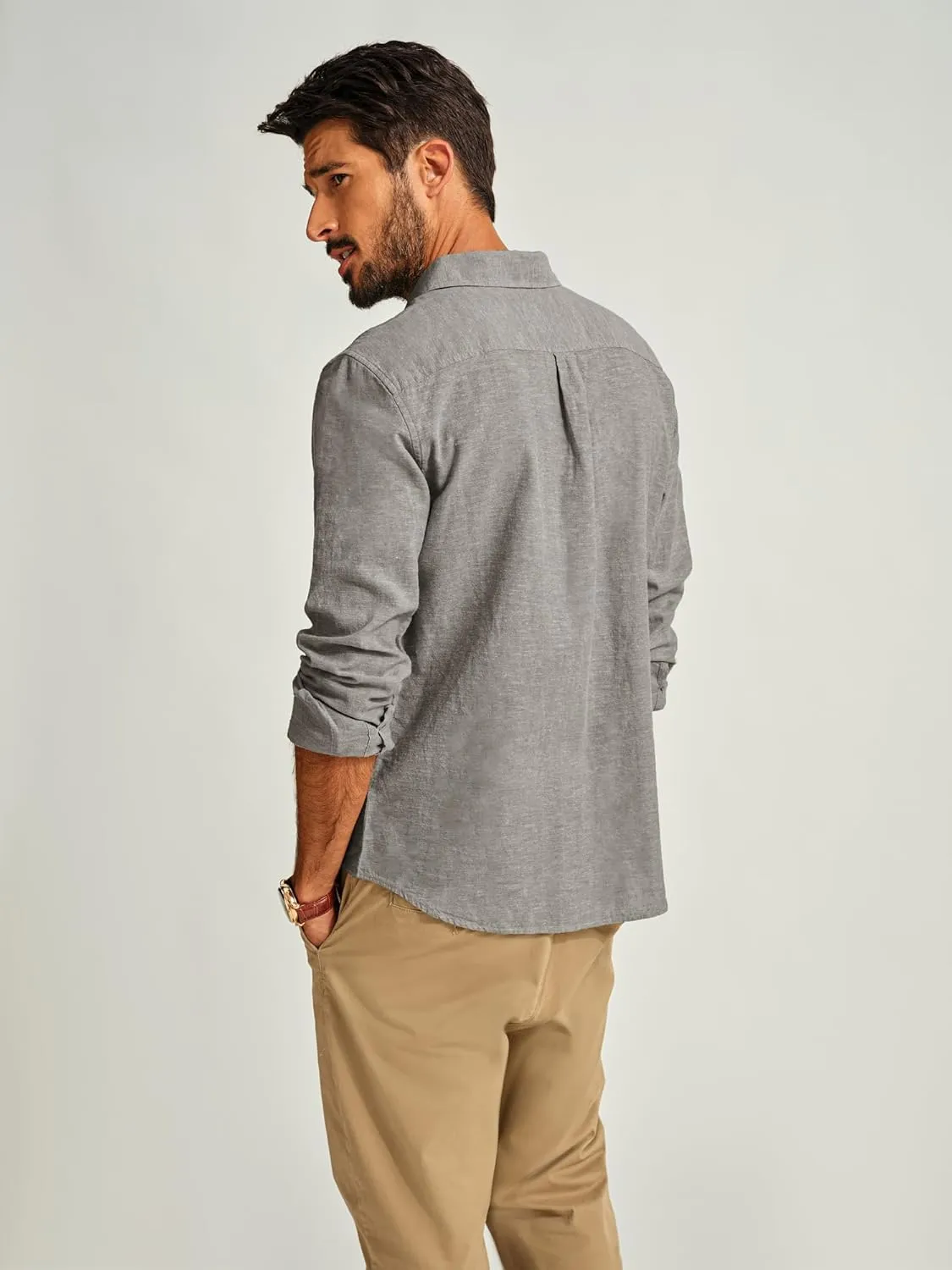 PJ PAUL JONES Men's Linen Shirts Casual Button Down Long Sleeve Shirt Lightweight Beach Shirt with Pocket