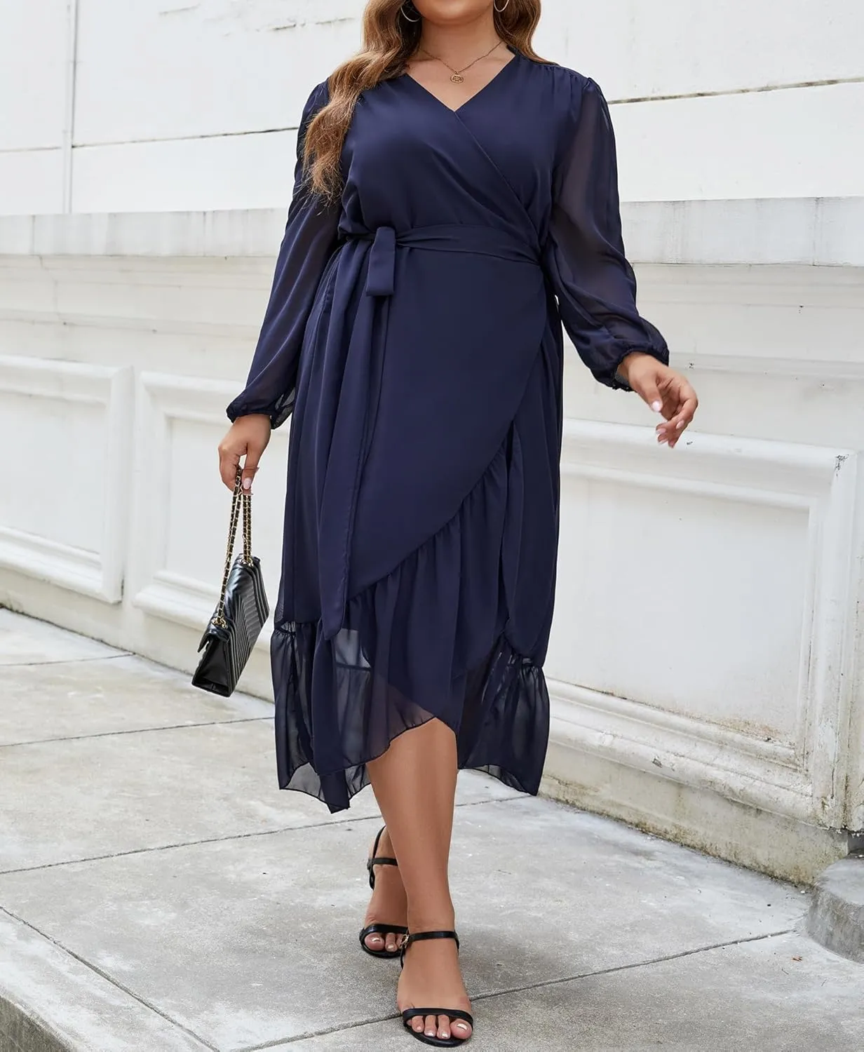 Plus Size Dresses for Women Wrap Tie Side Midi Dress Long Sleeve A Line Ruffle Hem Flowy Chiffon Dress