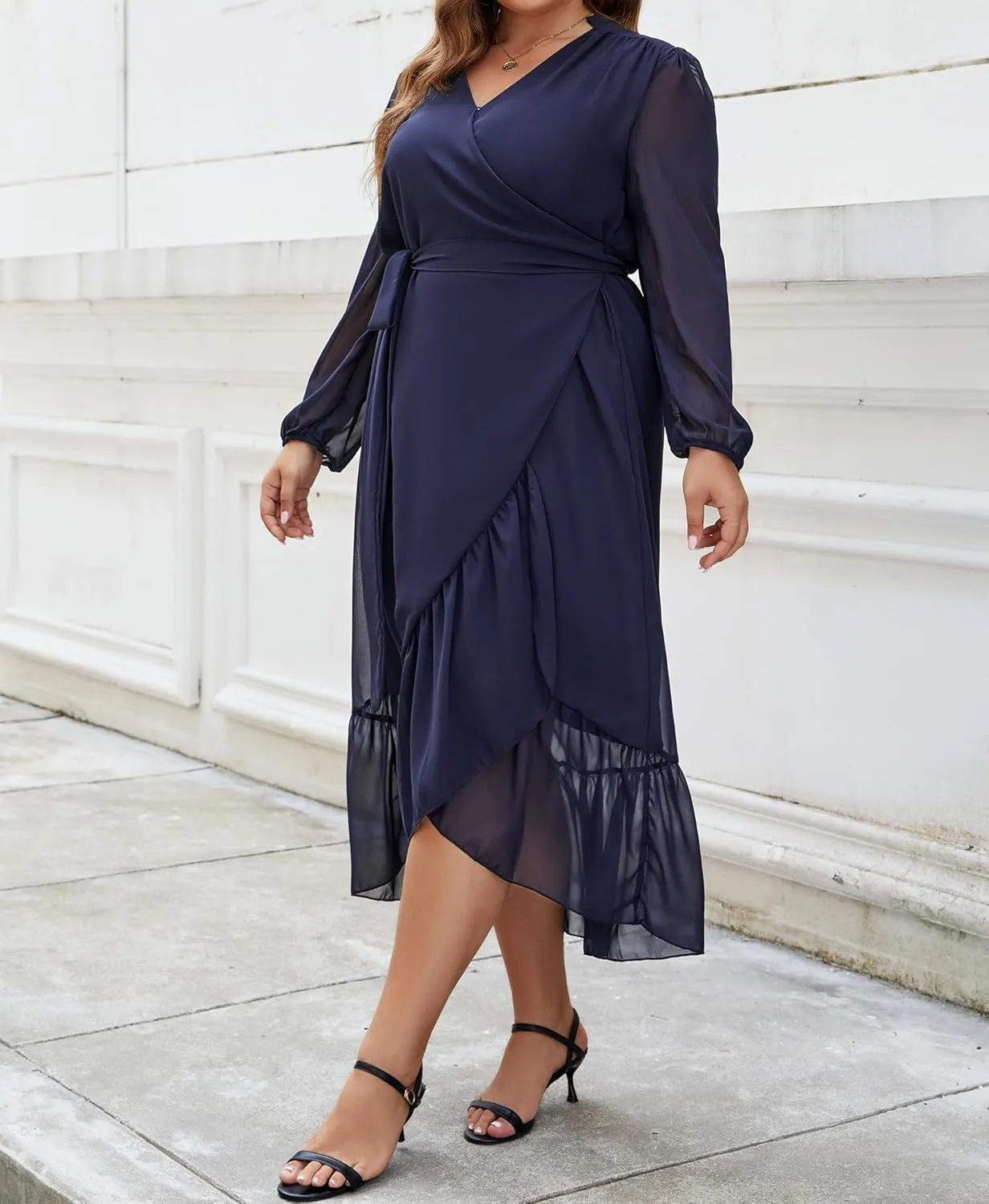 Plus Size Dresses for Women Wrap Tie Side Midi Dress Long Sleeve A Line Ruffle Hem Flowy Chiffon Dress