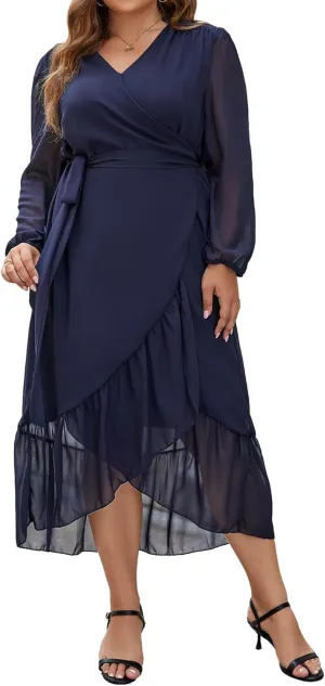 Plus Size Dresses for Women Wrap Tie Side Midi Dress Long Sleeve A Line Ruffle Hem Flowy Chiffon Dress