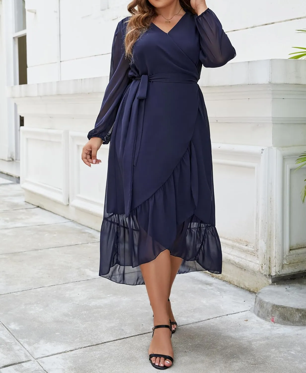 Plus Size Dresses for Women Wrap Tie Side Midi Dress Long Sleeve A Line Ruffle Hem Flowy Chiffon Dress