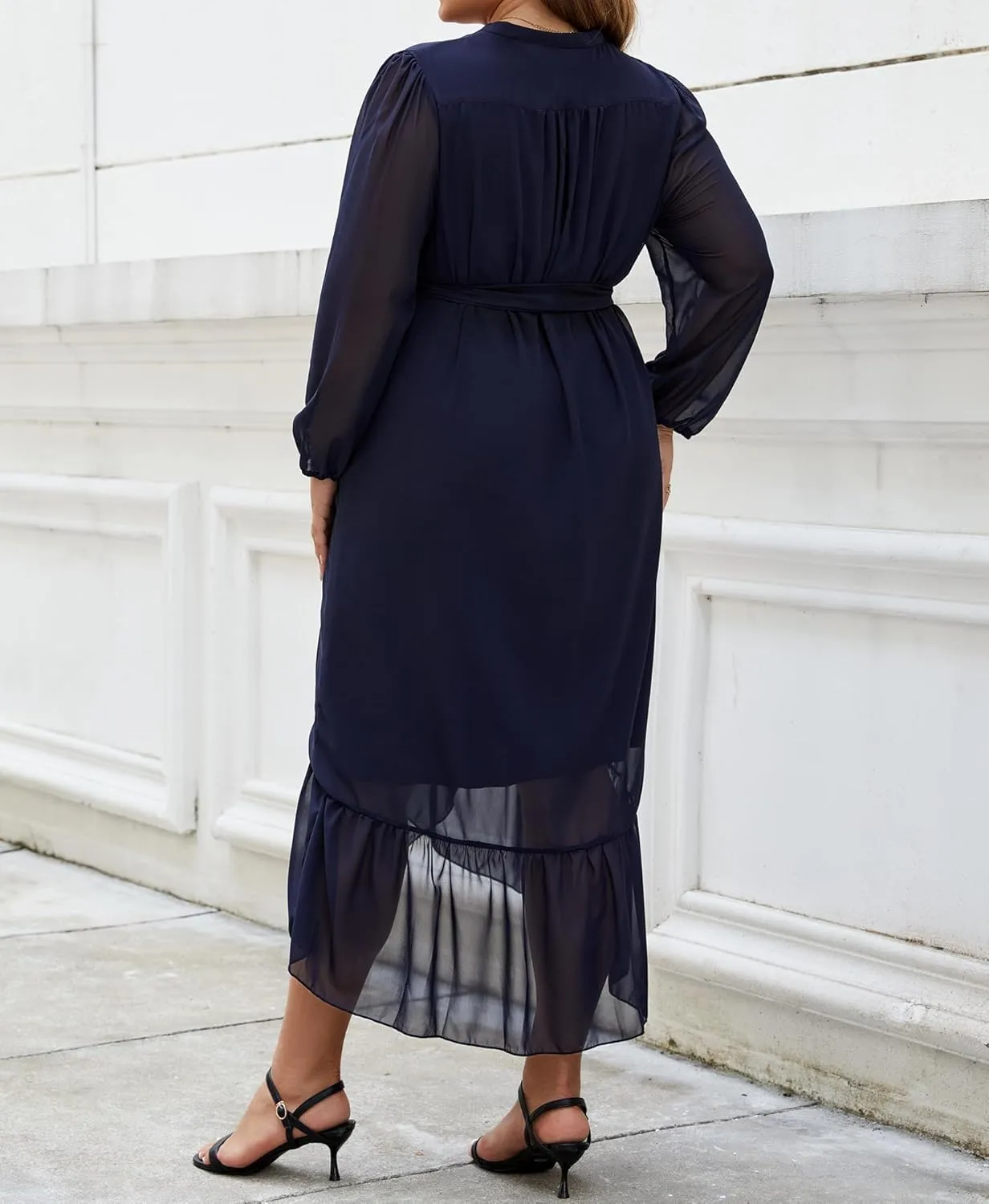 Plus Size Dresses for Women Wrap Tie Side Midi Dress Long Sleeve A Line Ruffle Hem Flowy Chiffon Dress