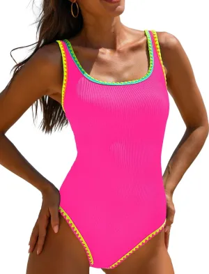 popvil Women's One Piece Swimsuits 2025 Tummy Control -Slimming Bathing Suit Neon 1 Piece Beach Outfit Sexy Sport Swim Suits