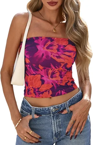 PRETTYGARDEN Strapless Tube Tops for Women 2025 Summer Mesh Floral Y2K Bandeau Cute Crop Top Trendy Going Out Outfits