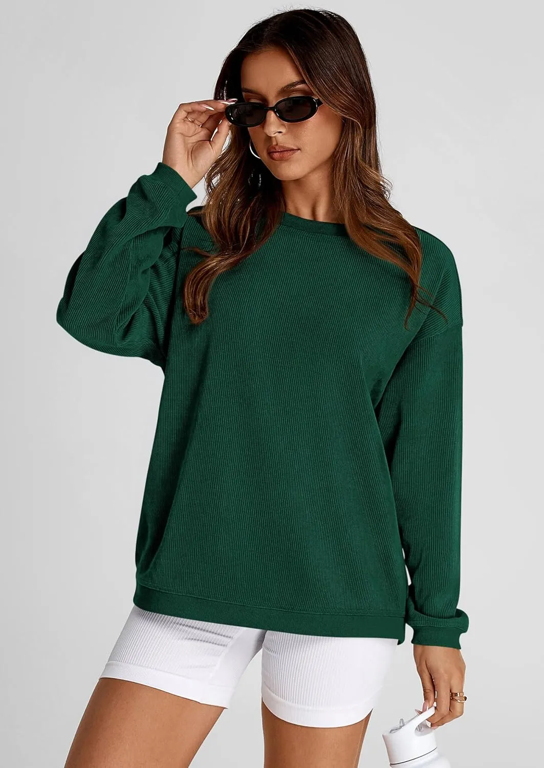 PRETTYGARDEN Women's Oversized Sweatshirt Ribbed Corduroy Crewneck Long Sleeve Loose Fit Casual Going Out Pullover Tops