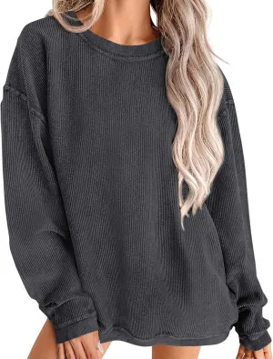 PRETTYGARDEN Women's Oversized Sweatshirt Ribbed Corduroy Crewneck Long Sleeve Loose Fit Casual Going Out Pullover Tops
