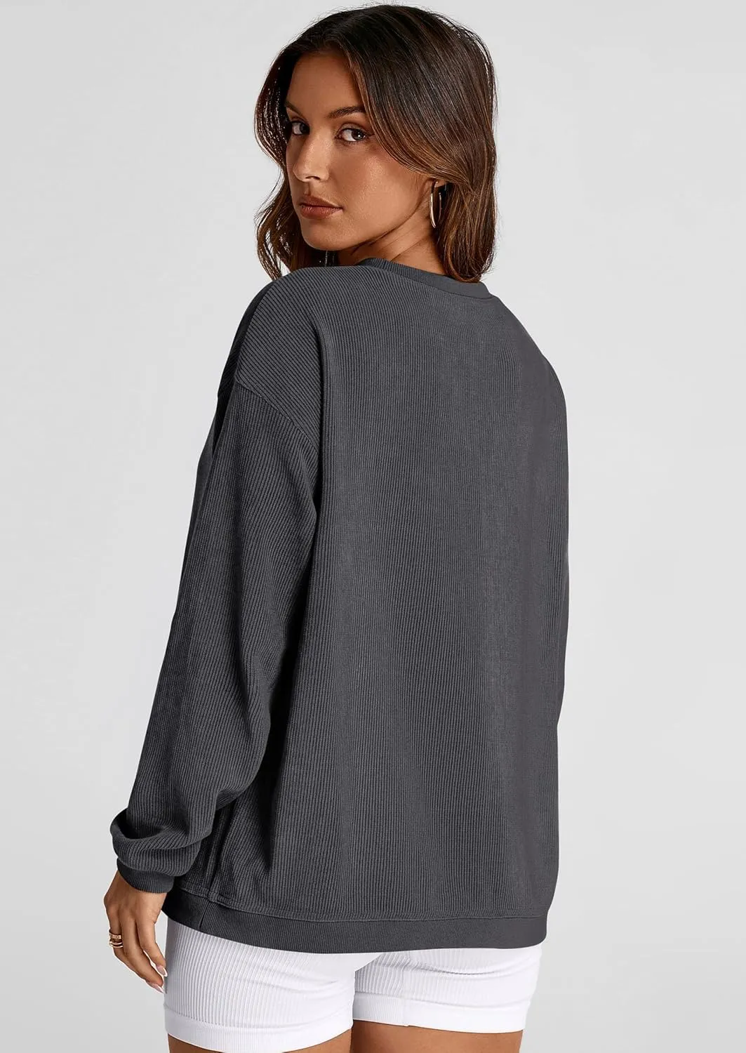 PRETTYGARDEN Women's Oversized Sweatshirt Ribbed Corduroy Crewneck Long Sleeve Loose Fit Casual Going Out Pullover Tops
