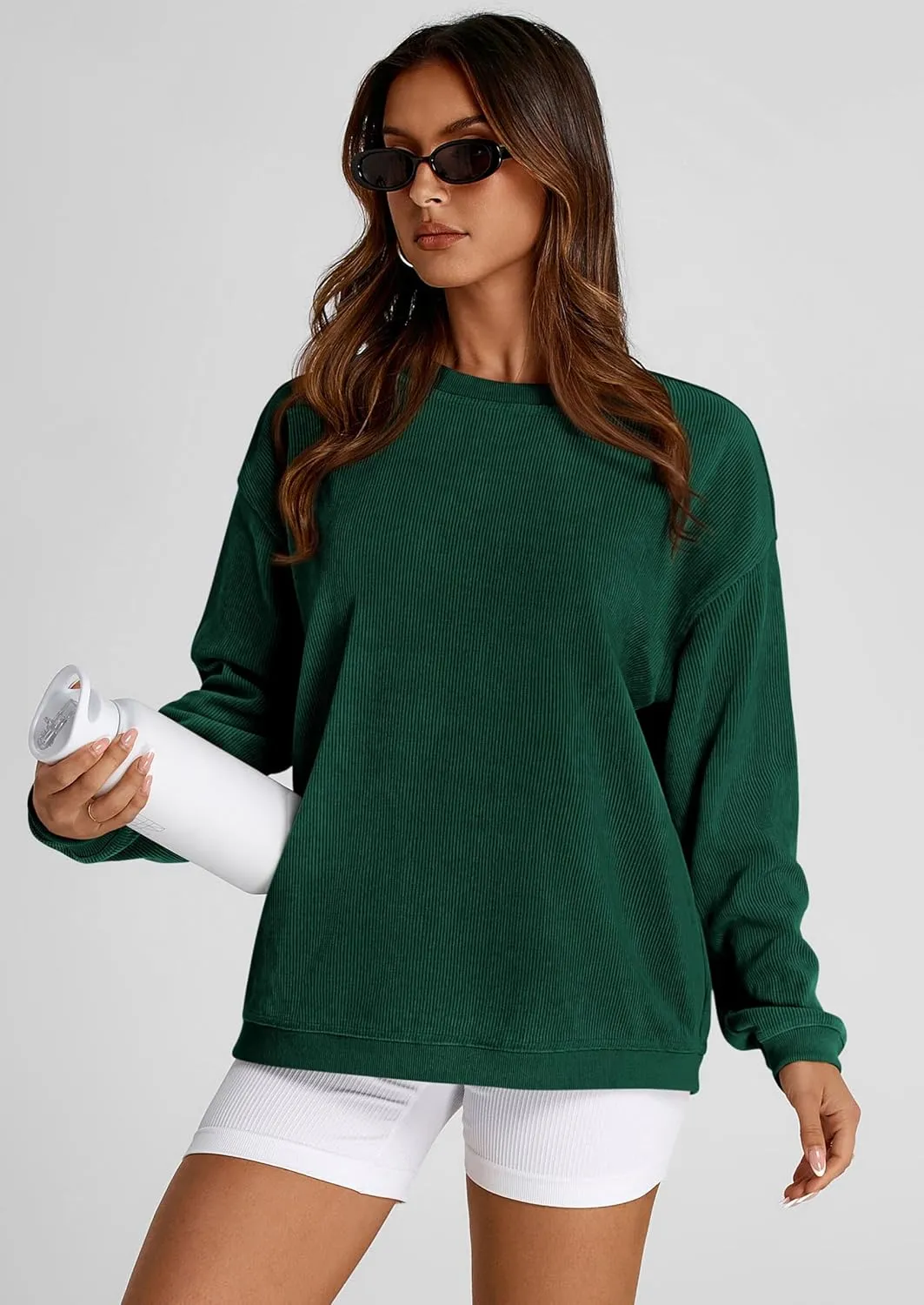 PRETTYGARDEN Women's Oversized Sweatshirt Ribbed Corduroy Crewneck Long Sleeve Loose Fit Casual Going Out Pullover Tops