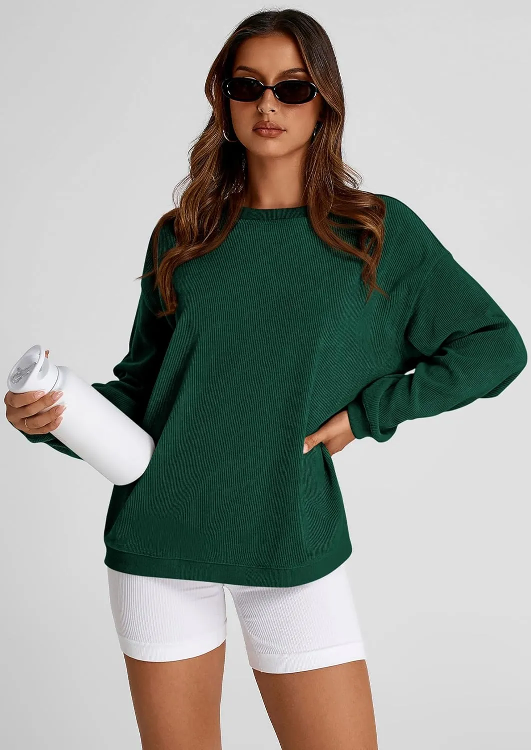 PRETTYGARDEN Women's Oversized Sweatshirt Ribbed Corduroy Crewneck Long Sleeve Loose Fit Casual Going Out Pullover Tops