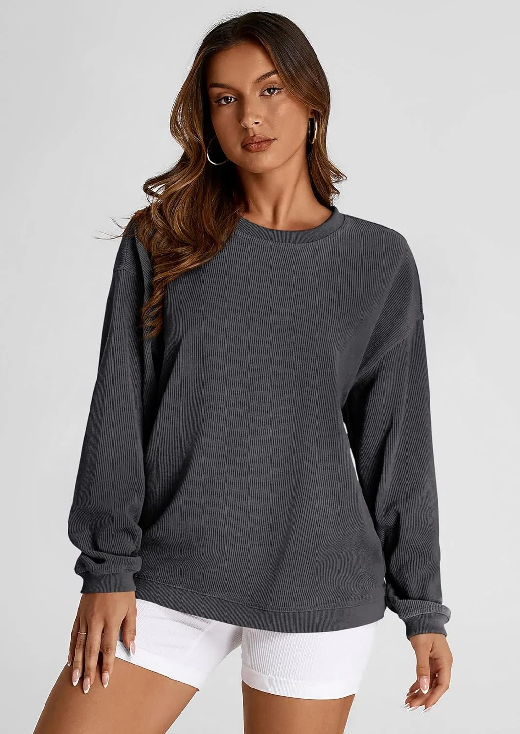 PRETTYGARDEN Women's Oversized Sweatshirt Ribbed Corduroy Crewneck Long Sleeve Loose Fit Casual Going Out Pullover Tops