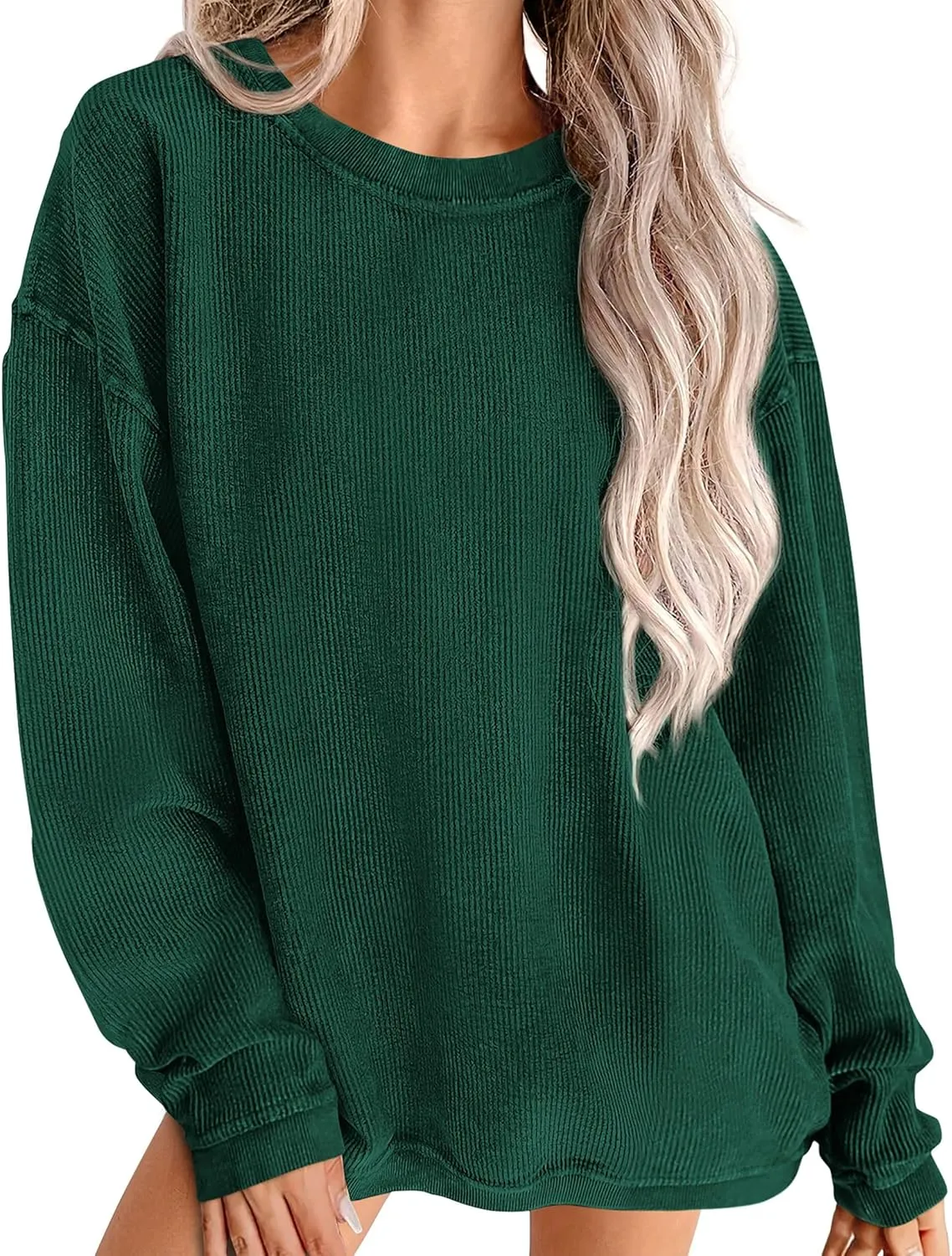 PRETTYGARDEN Women's Oversized Sweatshirt Ribbed Corduroy Crewneck Long Sleeve Loose Fit Casual Going Out Pullover Tops