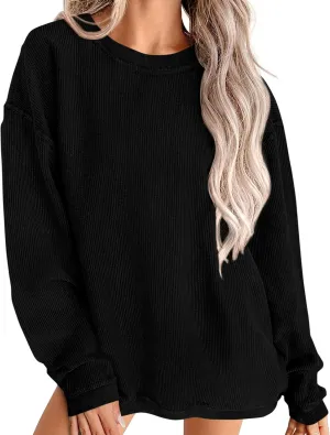 PRETTYGARDEN Women's Oversized Sweatshirt Ribbed Corduroy Crewneck Long Sleeve Loose Fit Casual Going Out Pullover Tops