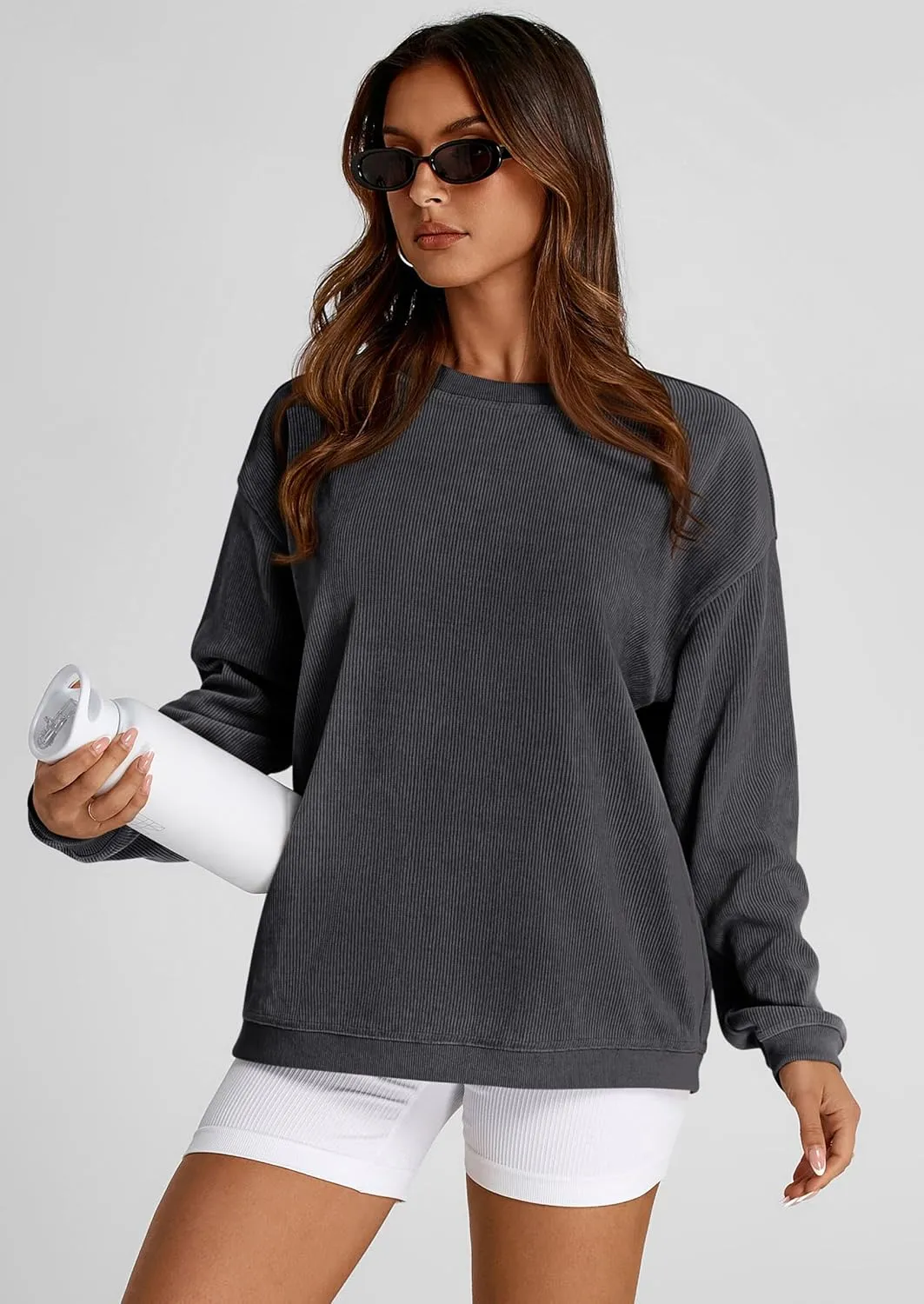 PRETTYGARDEN Women's Oversized Sweatshirt Ribbed Corduroy Crewneck Long Sleeve Loose Fit Casual Going Out Pullover Tops