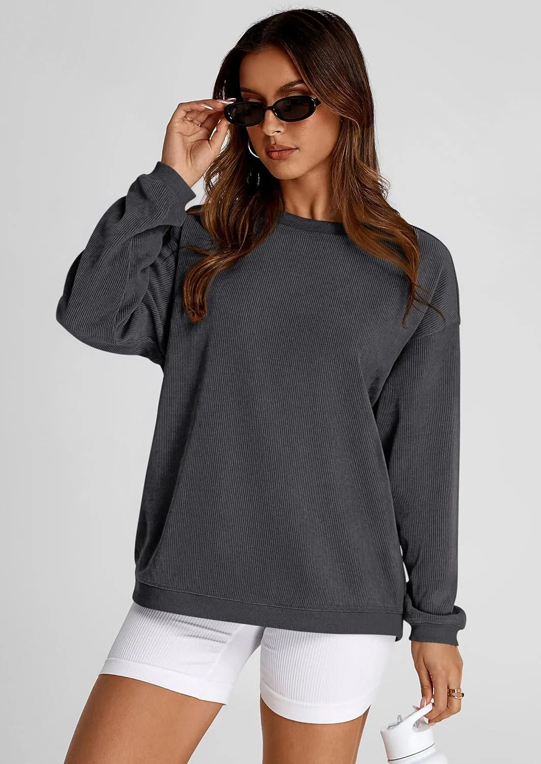 PRETTYGARDEN Women's Oversized Sweatshirt Ribbed Corduroy Crewneck Long Sleeve Loose Fit Casual Going Out Pullover Tops