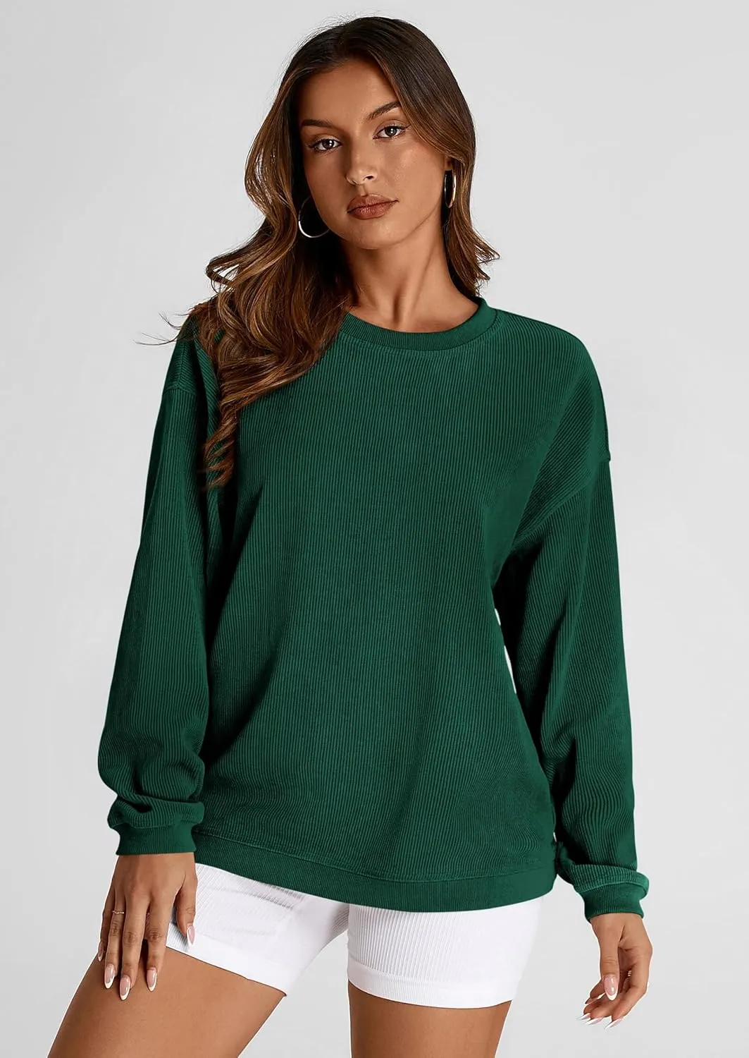 PRETTYGARDEN Women's Oversized Sweatshirt Ribbed Corduroy Crewneck Long Sleeve Loose Fit Casual Going Out Pullover Tops