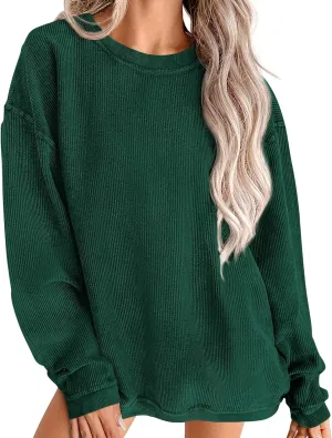 PRETTYGARDEN Women's Oversized Sweatshirt Ribbed Corduroy Crewneck Long Sleeve Loose Fit Casual Going Out Pullover Tops