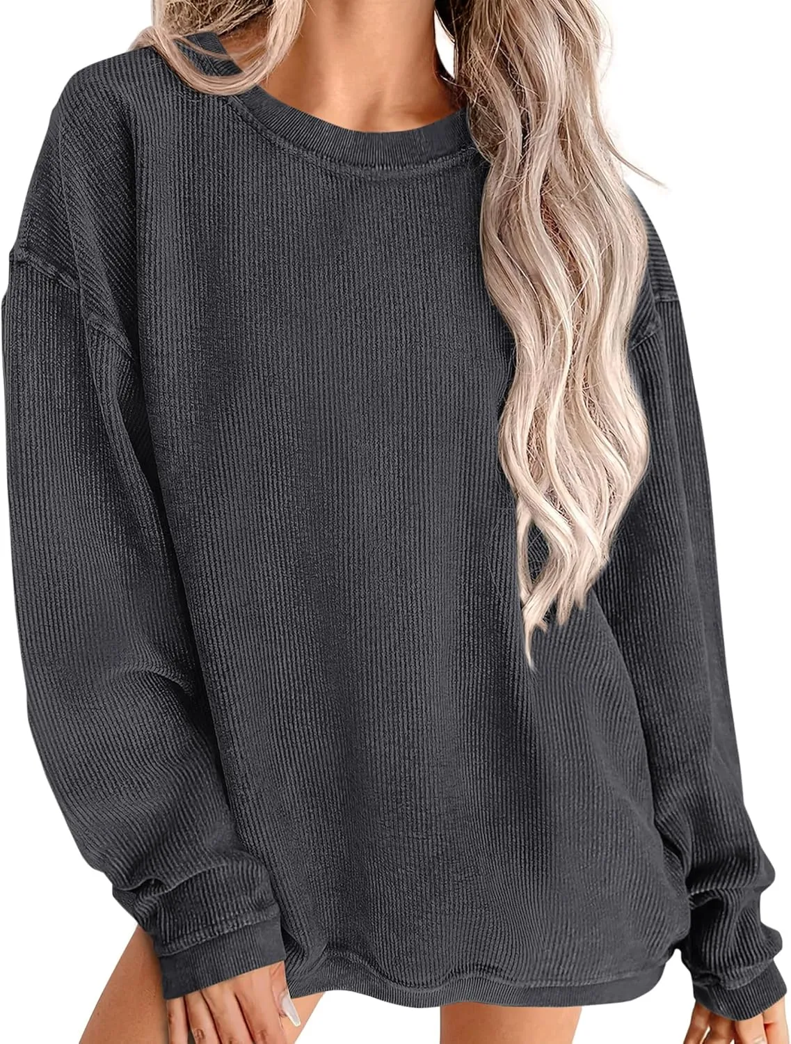 PRETTYGARDEN Women's Oversized Sweatshirt Ribbed Corduroy Crewneck Long Sleeve Loose Fit Casual Going Out Pullover Tops