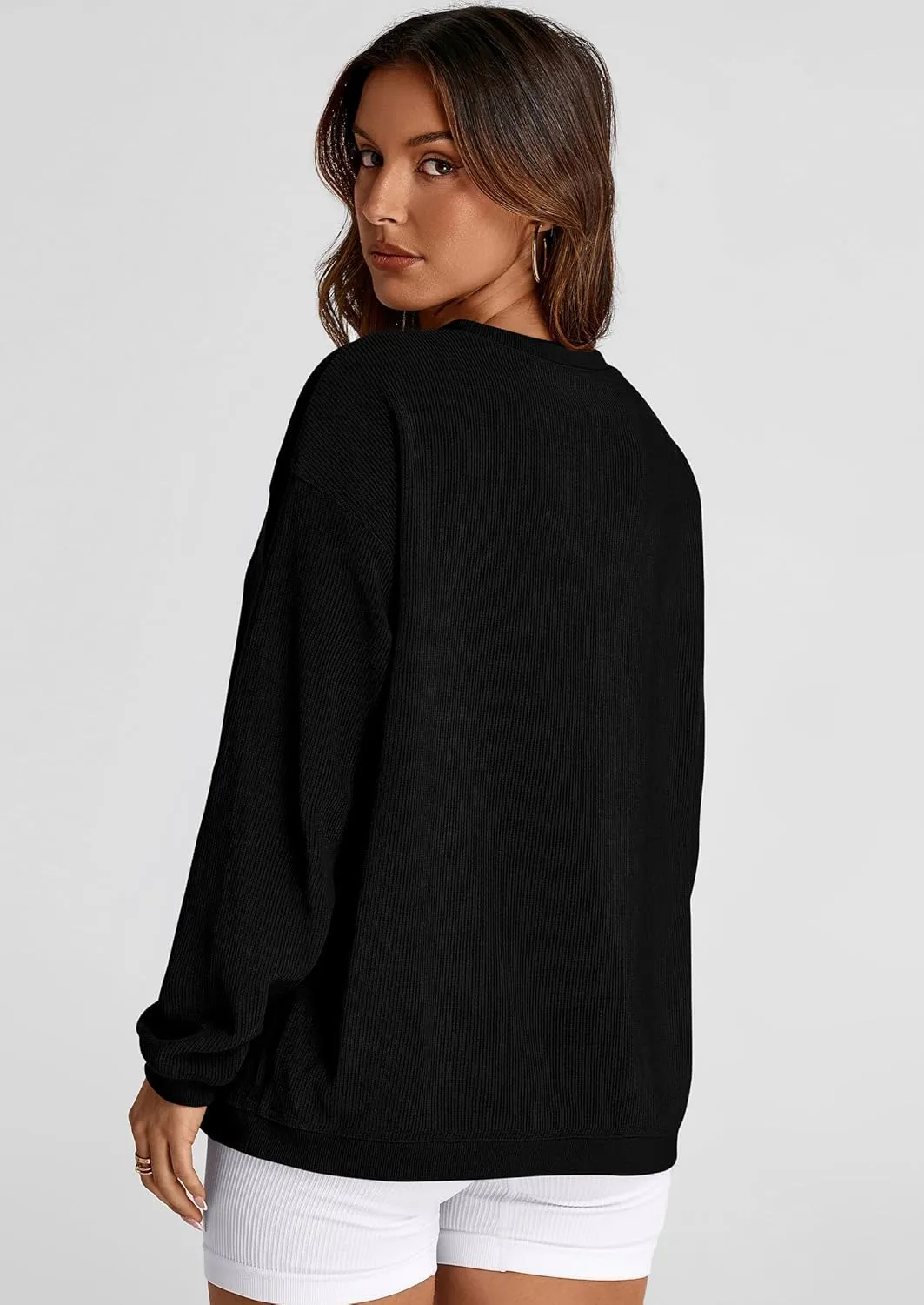 PRETTYGARDEN Women's Oversized Sweatshirt Ribbed Corduroy Crewneck Long Sleeve Loose Fit Casual Going Out Pullover Tops