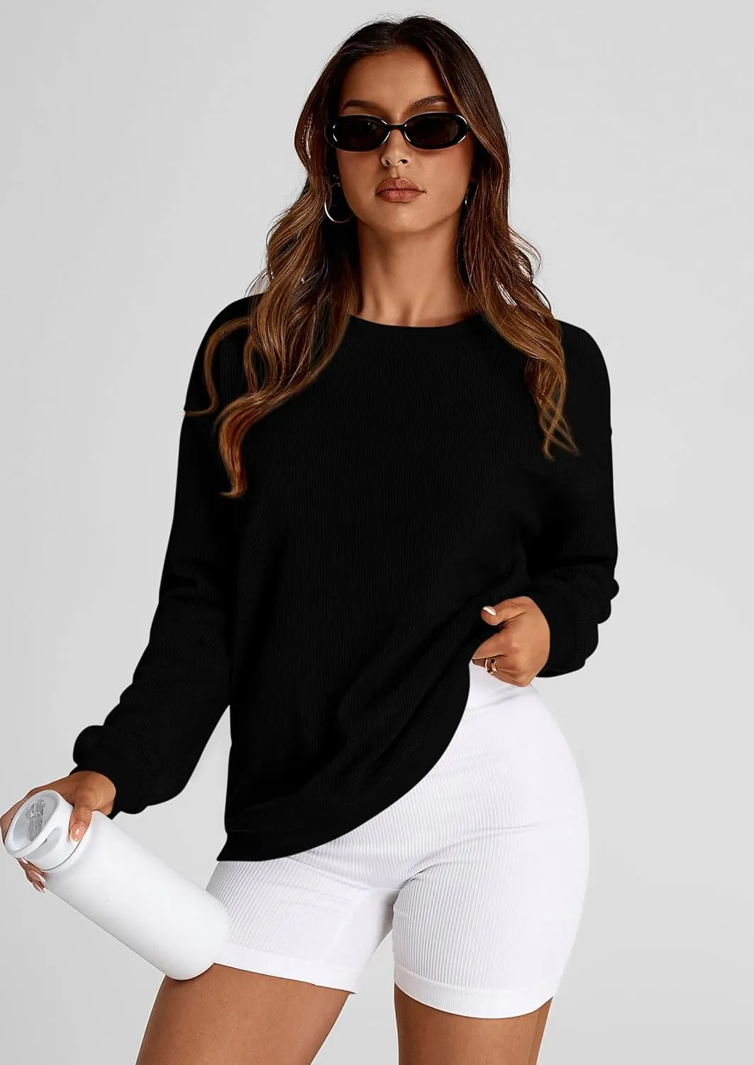 PRETTYGARDEN Women's Oversized Sweatshirt Ribbed Corduroy Crewneck Long Sleeve Loose Fit Casual Going Out Pullover Tops