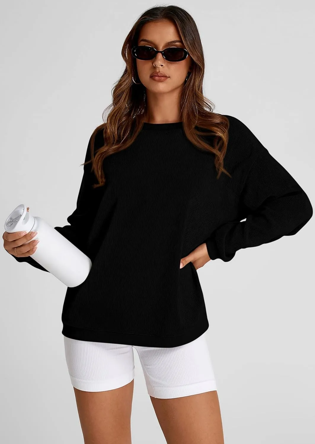 PRETTYGARDEN Women's Oversized Sweatshirt Ribbed Corduroy Crewneck Long Sleeve Loose Fit Casual Going Out Pullover Tops