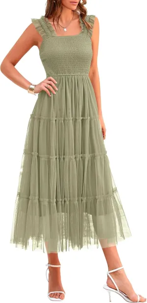 PRETTYGARDEN Women's Summer Tulle Midi Dress Sleeveless Smocked Ruffle Mesh Flowy Dresses Party Wedding Guest Sundress