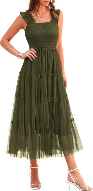 PRETTYGARDEN Women's Summer Tulle Midi Dress Sleeveless Smocked Ruffle Mesh Flowy Dresses Party Wedding Guest Sundress