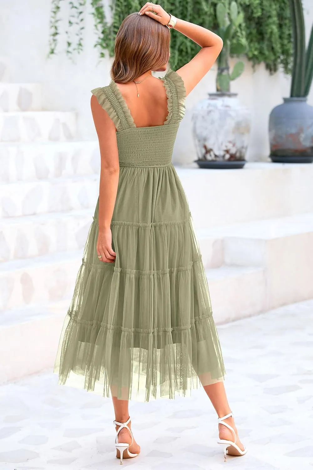 PRETTYGARDEN Women's Summer Tulle Midi Dress Sleeveless Smocked Ruffle Mesh Flowy Dresses Party Wedding Guest Sundress