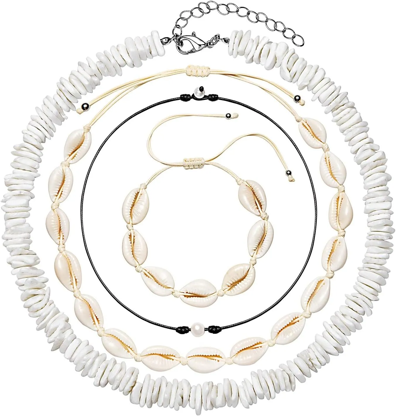 Puka Shell Necklace for Women Natural Pearl Choker Necklace Adjustable Seashell Necklace Cowrie Shell Bracelet Beach Boho Jewelry Set for Vsco
