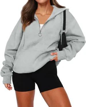 Quarter Zip Pullover Women,2024 Fall Casual Loose Oversized Hoodies Plain Long Sleeve Shirts With Kangaroo Pockets